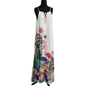 Anthropologie Postmark Flamingo Maxi Dress Sz S Tropical Florals On White NWT